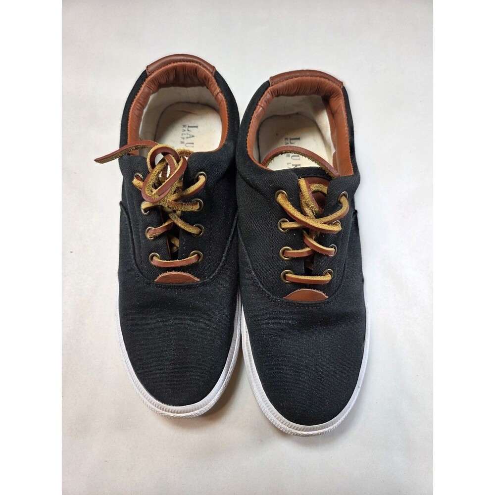 Lauren Ralph Lauren Sneakers Womens 7.5 B Veeta Black Canvas Leather Trim Casual